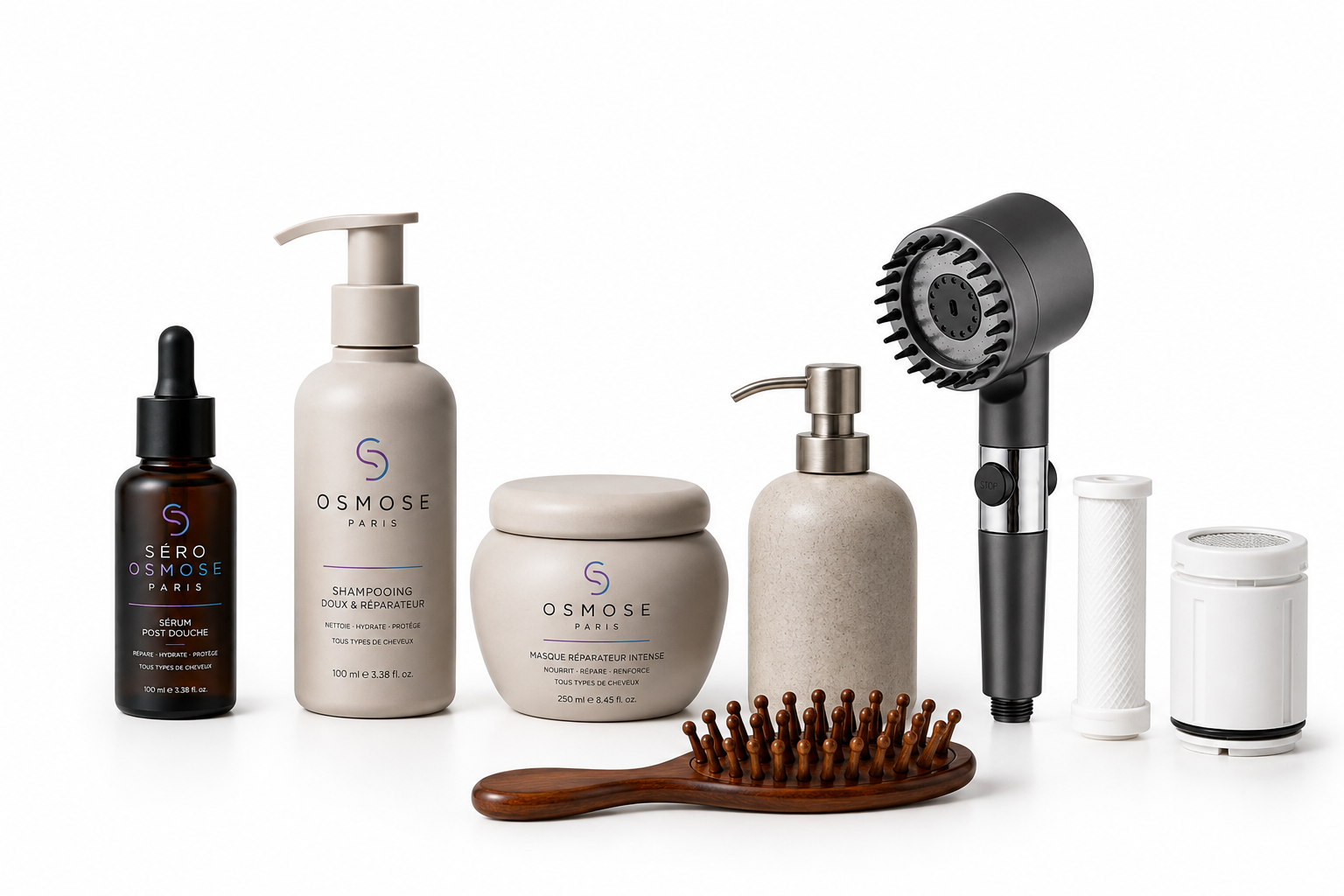 Le Rituel Complet OSMOSE : sérum, shampooing, masque, peigne, filtre et cartouches.