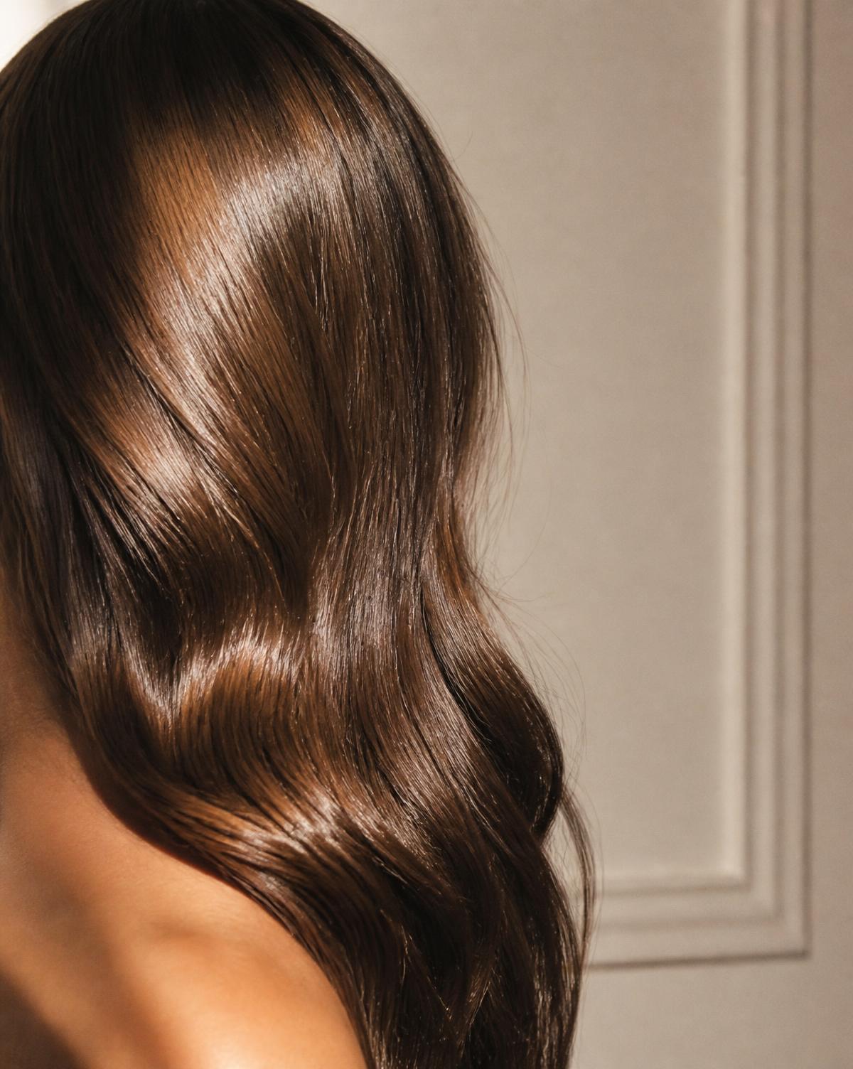 Chevelure brune brillante et hydratée après huit semaines d'usage.
