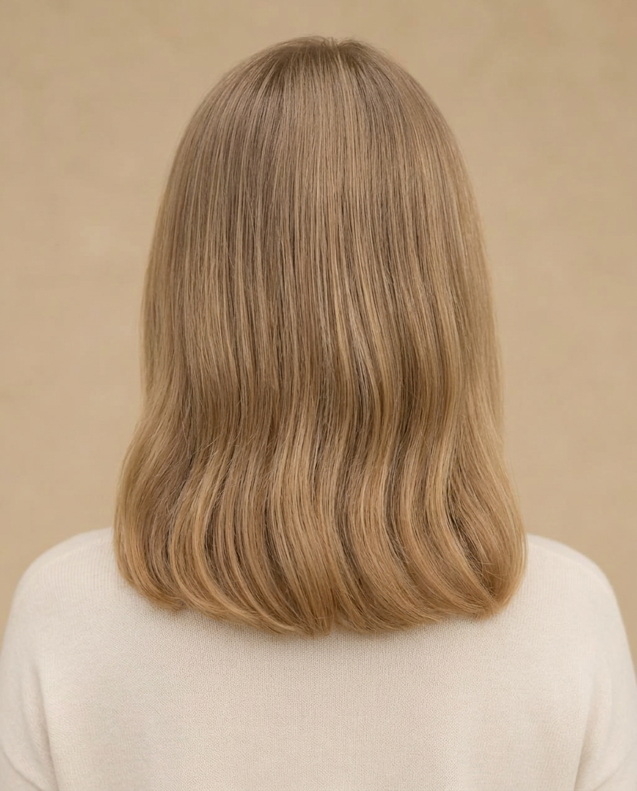 Après : mêmes cheveux, fibre lissée, hydratée et brillante, vus de dos sur le même fond.