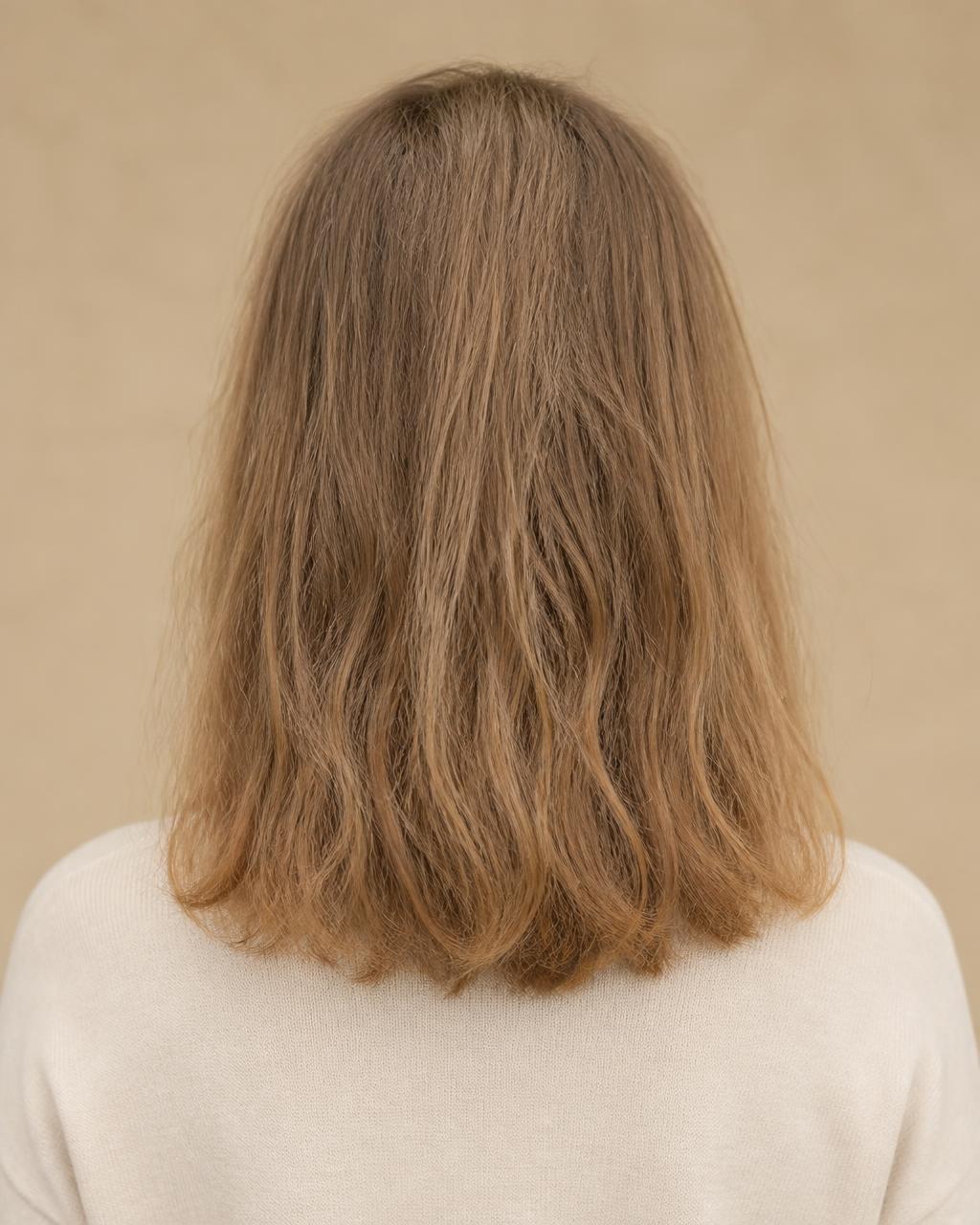 Avant : cheveux mi-longs secs, ternes et frisottants, vus de dos sur fond calcaire.