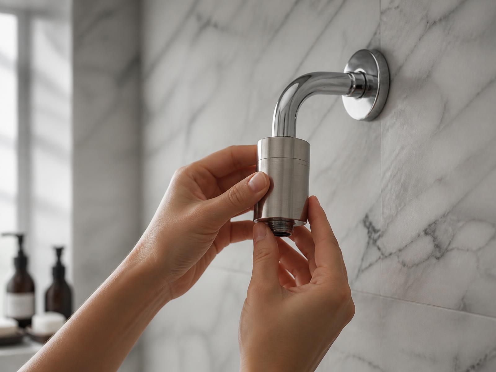 Deux mains vissant le filtre OSMOSE sur un bras de douche, sans outil.